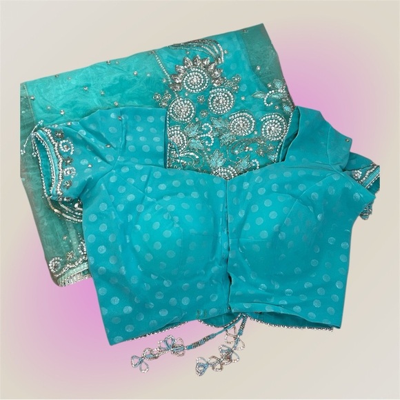 Saree Embroidered Rhinestone Turquoise matching Blouse Special Occasion - Picture 1 of 16